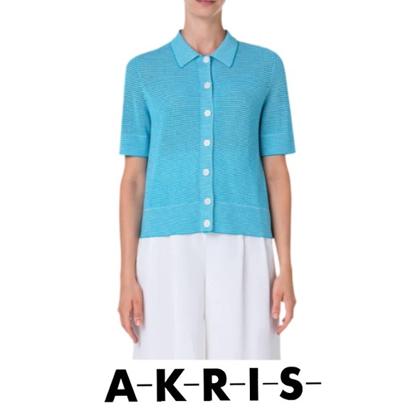 AKRIS PUNTOSwiss Luxury Virgin Wool Sportswear Knit Button Up Short Sleeve
